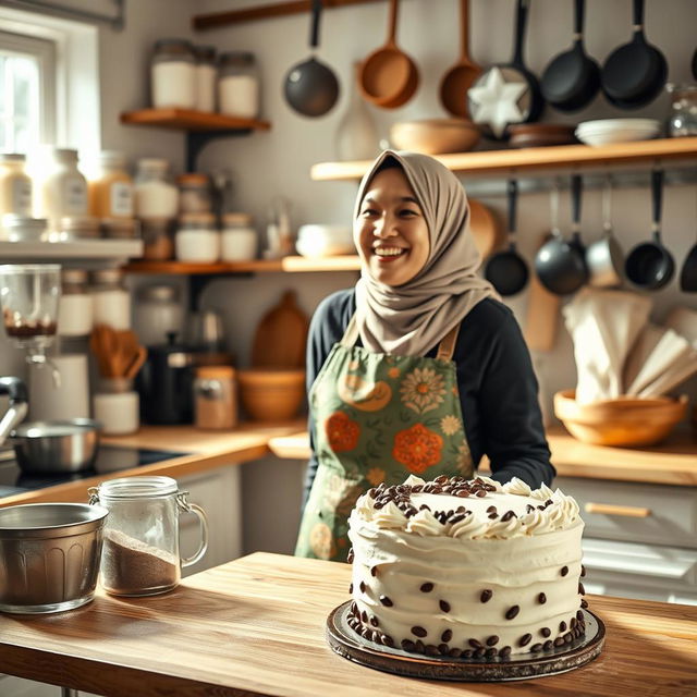 A hijab-wearing woman joyfully baking a coffee shop-style cake in a warmly lit kitchen