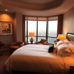 A cozy hotel room featuring a plush king-size bed with luxurious linens and soft pillows