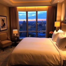 A cozy hotel room featuring a plush king-size bed with luxurious linens and soft pillows