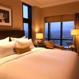 A cozy hotel room featuring a plush king-size bed with luxurious linens and soft pillows