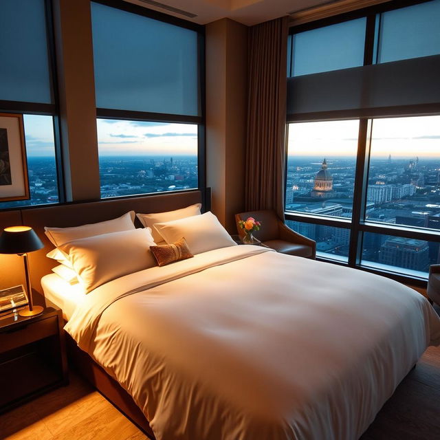 A cozy hotel room featuring a plush king-size bed with luxurious linens and soft pillows