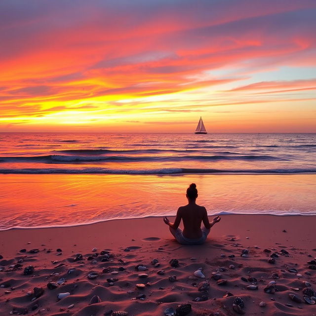 A tranquil beach scene at sunset, with gentle waves lapping against the shore and a vibrant orange and pink sky reflecting on the water