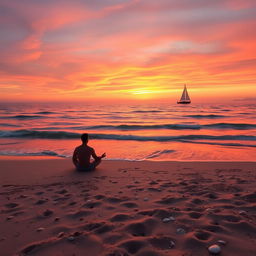 A tranquil beach scene at sunset, with gentle waves lapping against the shore and a vibrant orange and pink sky reflecting on the water