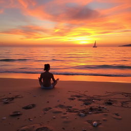 A tranquil beach scene at sunset, with gentle waves lapping against the shore and a vibrant orange and pink sky reflecting on the water