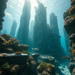 A futuristic depiction of a modern city submerged underwater in 200 years