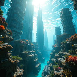 A futuristic depiction of a modern city submerged underwater in 200 years