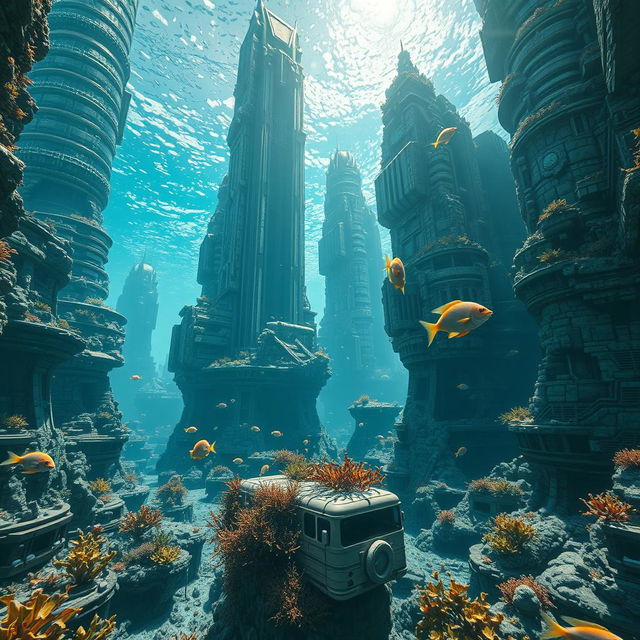 A futuristic depiction of a modern city submerged underwater in 200 years