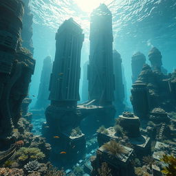 A futuristic depiction of a modern city submerged underwater in 200 years