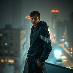 A photorealistic depiction of a mysterious young man in sportswear, standing on the edge of a building roof in a dark, rainy city