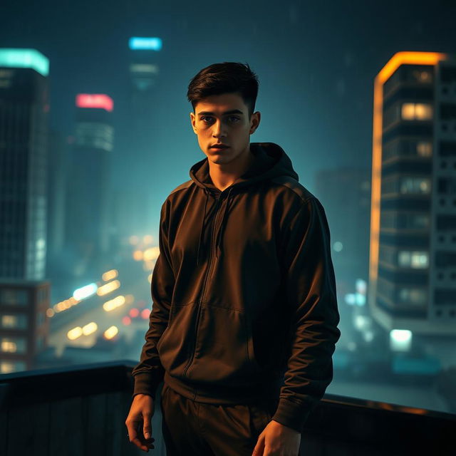 A photorealistic depiction of a mysterious young man in sportswear, standing on the edge of a building roof in a dark, rainy city