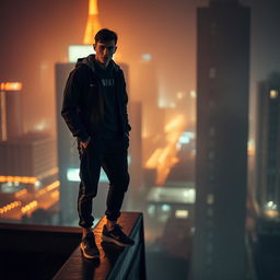 A photorealistic depiction of a mysterious young man in sportswear, standing on the edge of a building roof in a dark, rainy city