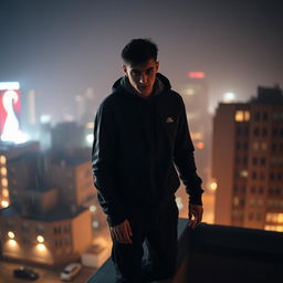 A photorealistic depiction of a mysterious young man in sportswear, standing on the edge of a building roof in a dark, rainy city
