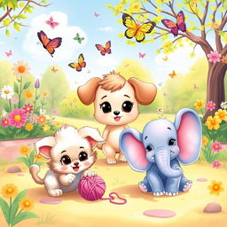 A vibrant and cheerful scene filled with cute characters, all with oversized heads and expressive faces