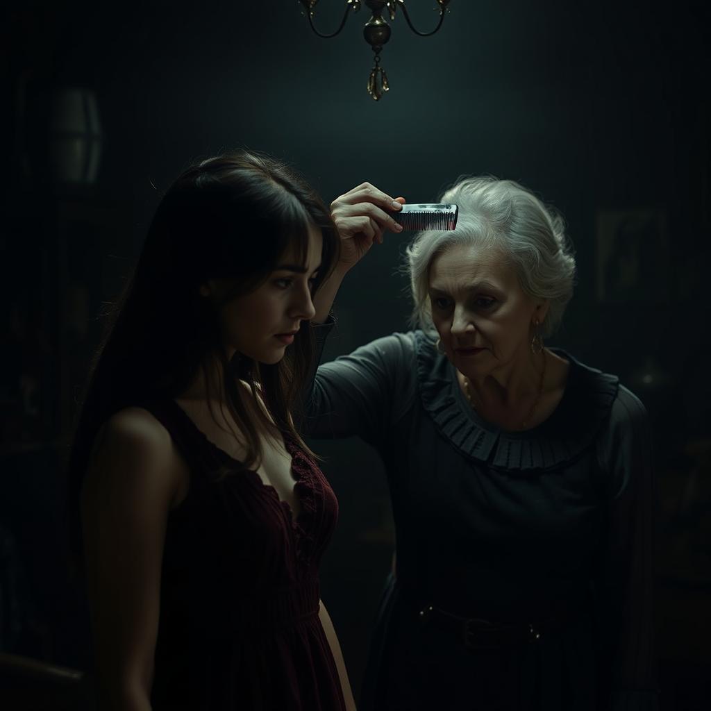 A dark, atmospheric scene featuring a young woman standing in front of an older woman who is combing her hair with a comb stained with blood