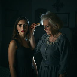 A dark, atmospheric scene featuring a young woman standing in front of an older woman who is combing her hair with a comb stained with blood