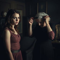 A dark, atmospheric scene featuring a young woman standing in front of an older woman who is combing her hair with a comb stained with blood