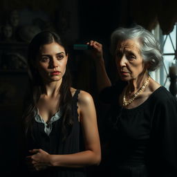 A dark, atmospheric scene featuring a young woman standing in front of an older woman who is combing her hair with a comb stained with blood