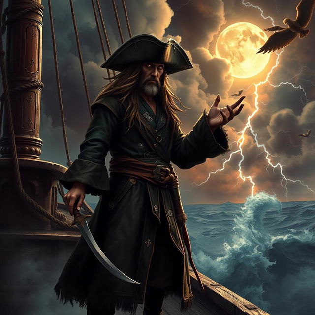 A dark fantasy pirate captain standing ominously on the deck of an ancient, weathered ship