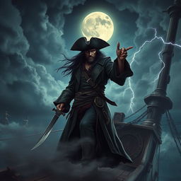 A dark fantasy pirate captain standing ominously on the deck of an ancient, weathered ship