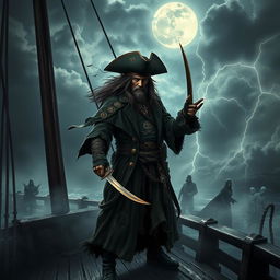 A dark fantasy pirate captain standing ominously on the deck of an ancient, weathered ship