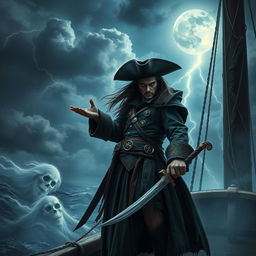 A dark fantasy pirate captain standing ominously on the deck of an ancient, weathered ship