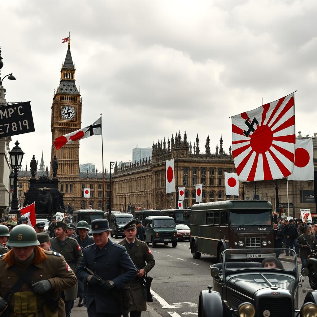 A reimagined alternate history scene of London during World War II under German and Japanese control, showcasing the city transformed with Nazi and Imperial Japanese influences