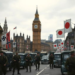 A reimagined alternate history scene of London during World War II under German and Japanese control, showcasing the city transformed with Nazi and Imperial Japanese influences
