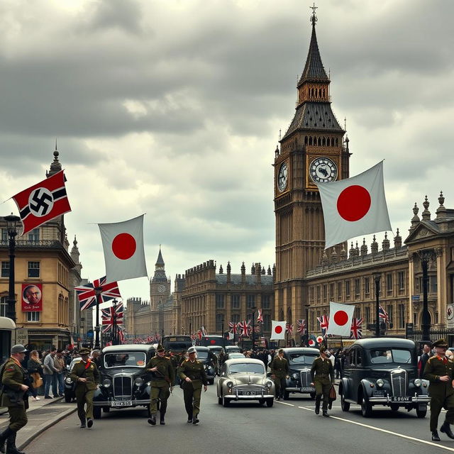 A reimagined alternate history scene of London during World War II under German and Japanese control, showcasing the city transformed with Nazi and Imperial Japanese influences