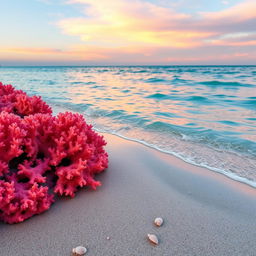 A serene beach scene featuring coral elements, specifically vibrant coral formations along the shoreline