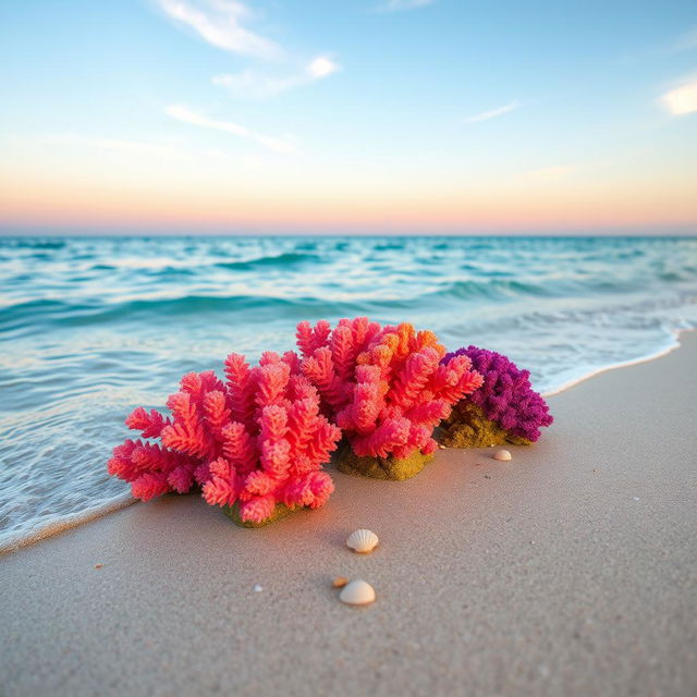 A serene beach scene featuring coral elements, specifically vibrant coral formations along the shoreline