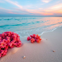 A serene beach scene featuring coral elements, specifically vibrant coral formations along the shoreline