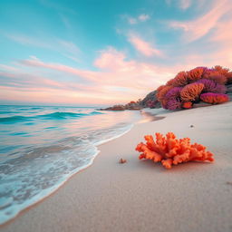 A serene beach scene featuring coral elements, specifically vibrant coral formations along the shoreline