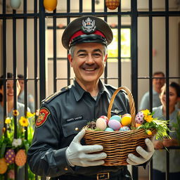 The scene depicts a festive prison cell decorated for Easter, with colorful decorations such as painted eggs and spring flowers