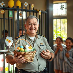 The scene depicts a festive prison cell decorated for Easter, with colorful decorations such as painted eggs and spring flowers
