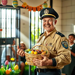 The scene depicts a festive prison cell decorated for Easter, with colorful decorations such as painted eggs and spring flowers