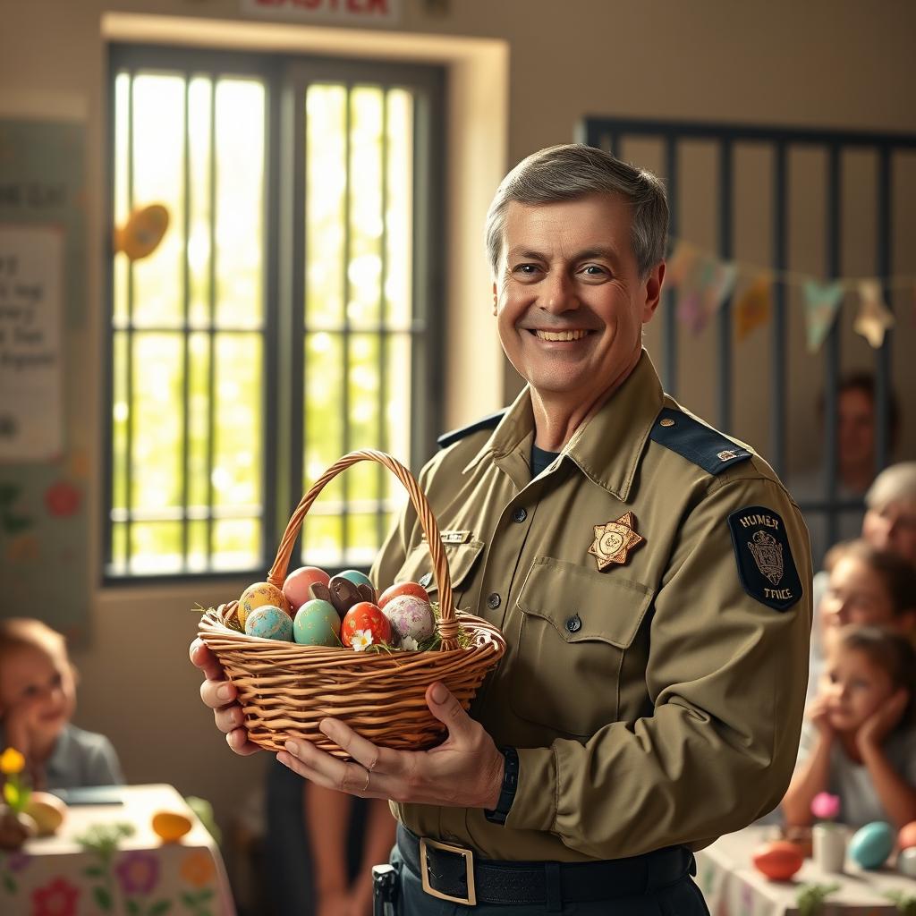 The scene depicts a festive prison cell decorated for Easter, with colorful decorations such as painted eggs and spring flowers