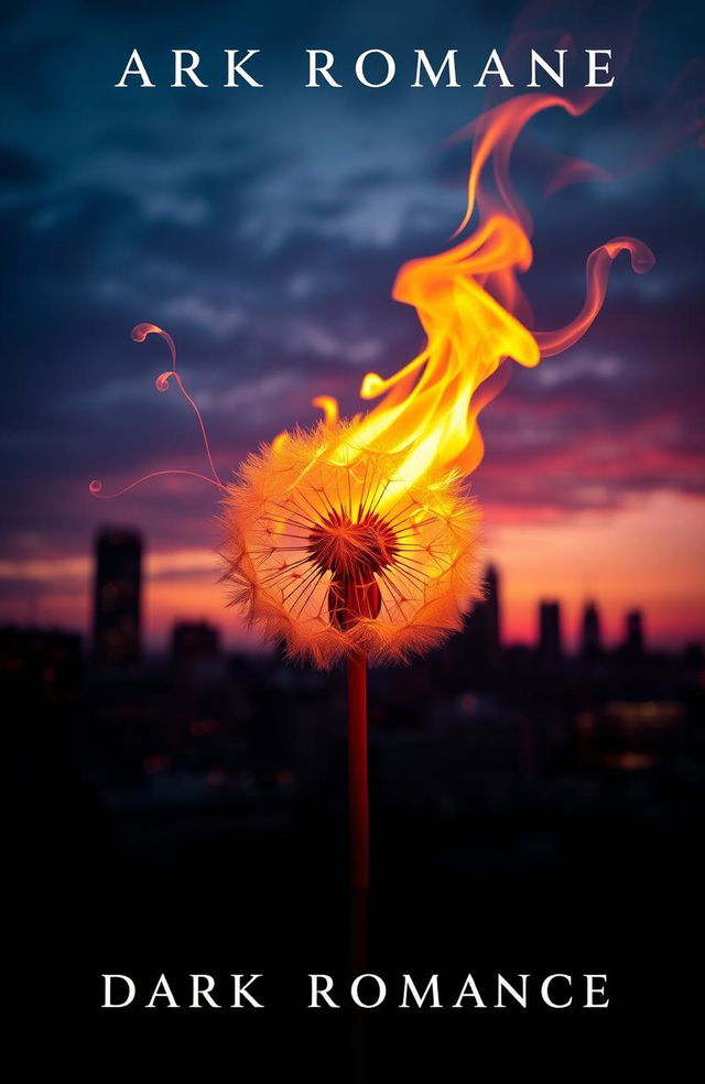 A captivating dark romance book cover featuring a vibrant dandelion engulfed in flames, its petals glowing warmly as it contrasts against a moody, atmospheric city skyline in the background