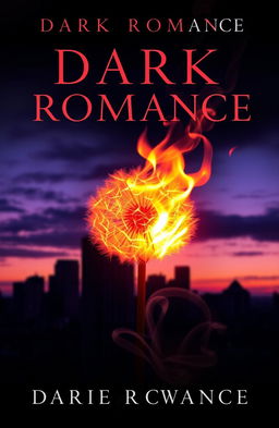 A captivating dark romance book cover featuring a vibrant dandelion engulfed in flames, its petals glowing warmly as it contrasts against a moody, atmospheric city skyline in the background