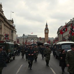 A reimagined scene of London during World War II, set in an alternate history where Nazi Germany has taken the city