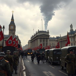 A reimagined scene of London during World War II, set in an alternate history where Nazi Germany has taken the city