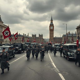 A reimagined scene of London during World War II, set in an alternate history where Nazi Germany has taken the city