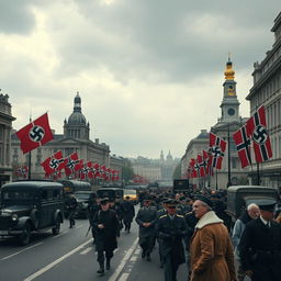 A reimagined scene of London during World War II, set in an alternate history where Nazi Germany has taken the city