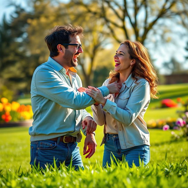 A playful scene of two adults in a whimsical setting, joyfully engaging in a light-hearted tickling contest