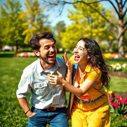 A playful scene of two adults in a whimsical setting, joyfully engaging in a light-hearted tickling contest