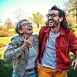 A playful scene of two adults in a whimsical setting, joyfully engaging in a light-hearted tickling contest