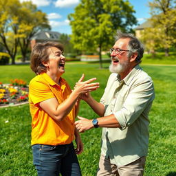 A playful scene of two adults in a whimsical setting, joyfully engaging in a light-hearted tickling contest