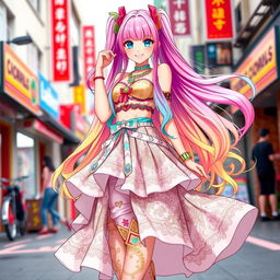 A striking character image of a woman embodying the Cerebu gyaru style, showcasing vibrant fashion with bright colors and bold accessories