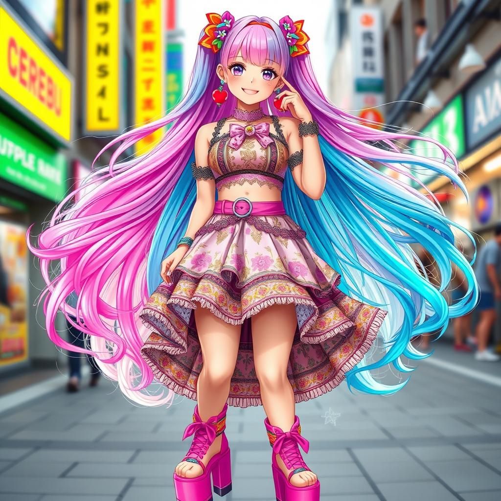 A striking character image of a woman embodying the Cerebu gyaru style, showcasing vibrant fashion with bright colors and bold accessories