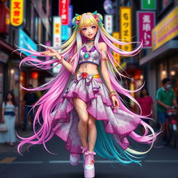 A striking character image of a woman embodying the Cerebu gyaru style, showcasing vibrant fashion with bright colors and bold accessories