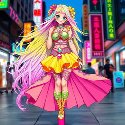 A striking character image of a woman embodying the Cerebu gyaru style, showcasing vibrant fashion with bright colors and bold accessories